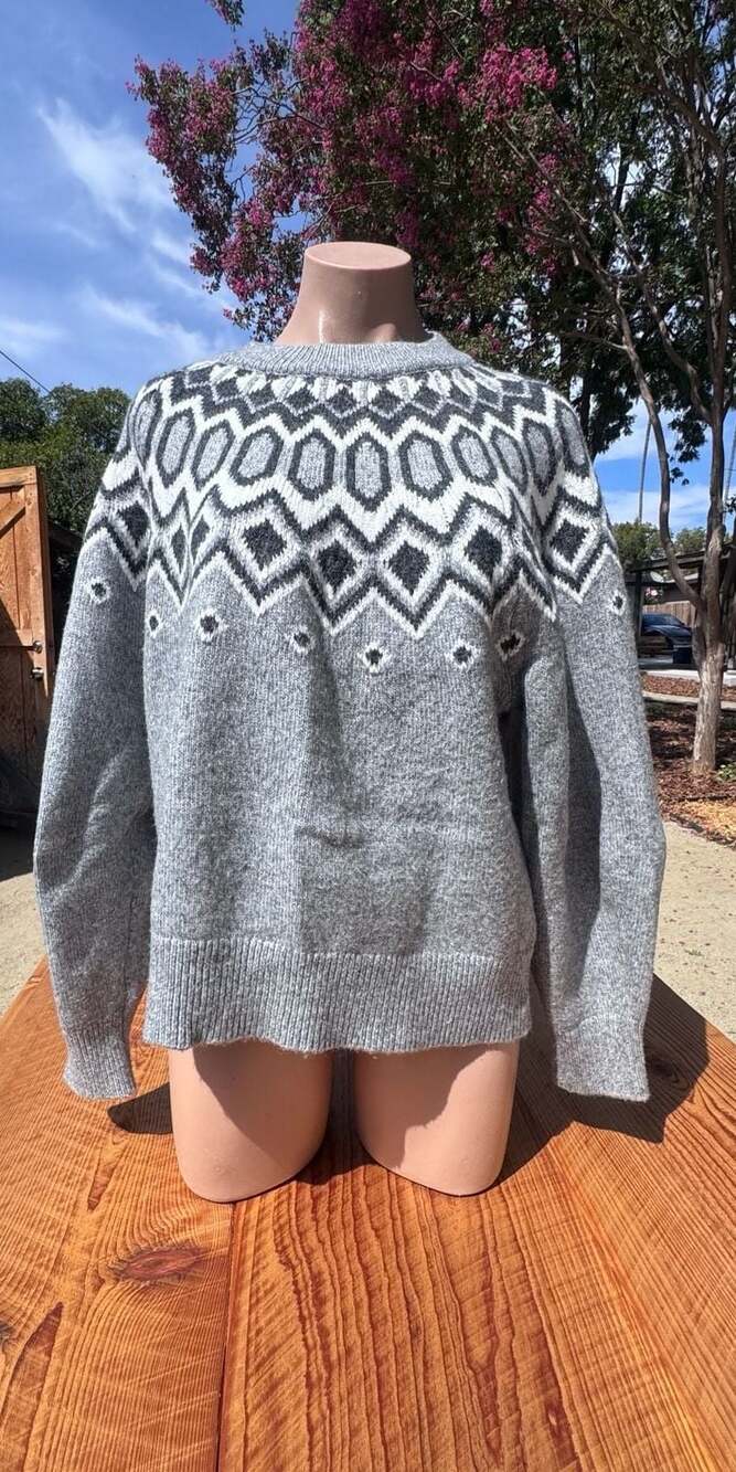 H&M Light Grey Marl Jacquard-Knit Fair Isle Crew Neck Sweater Size Medium
